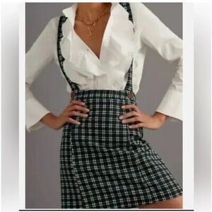 Anthropologie Maeve Navy Green Plaid Pinafore Mini Skirt, Size 8, NWT